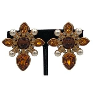 Swarovski Cruciform Topaz Citrine Clip On Earrings 1980s Swan Signed Statement